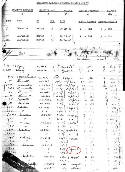 Expeditor Aircraft Declared Surplus, with date (6 Jan 65) circled